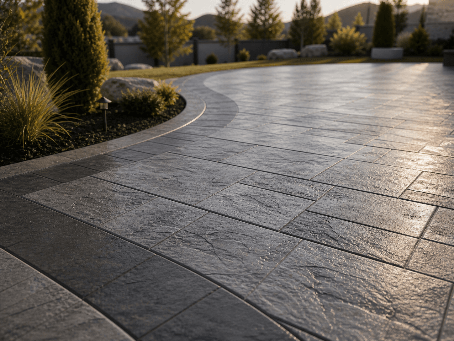 Golden-hour stamped patio & firepit