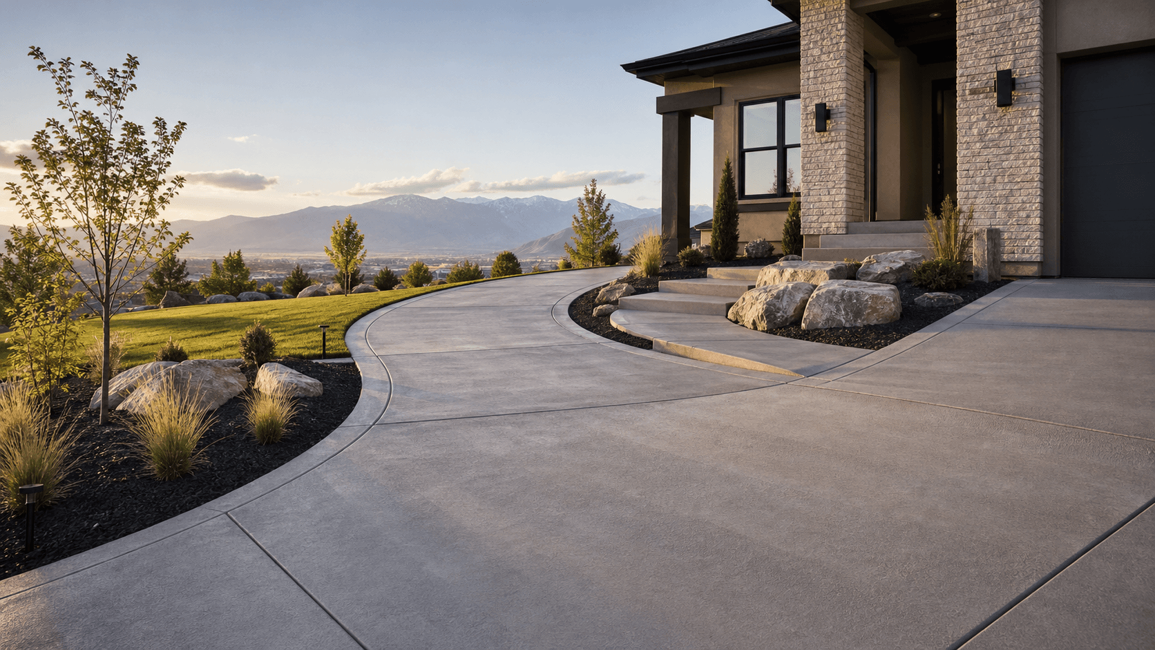 Curved concrete driveway leading to a Utah custom home with mountain views